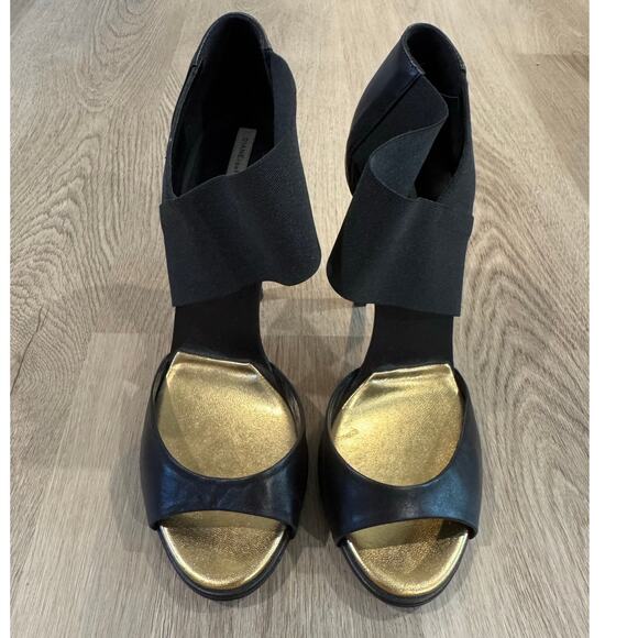 Diane von Furstenberg Black Matte Leather and Thick Elastic Strap Heels Size 8.5 - Picture 3 of 8